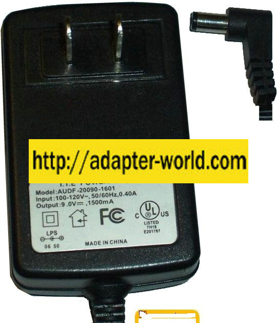 AUDF-20090-1601 AC ADAPTER 9VDC 1500mA -( ) 2.5x5.5mm 120vac POW