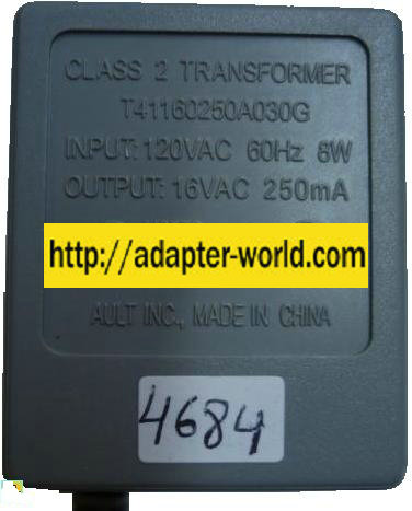 AULT T41160250A030G AC ADAPTER 16V 250MA 8W CLASS 2 TRANSFORMER