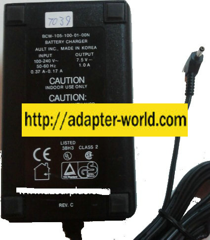 AULT BCW-105-100-01-00N AC ADAPTER 7.5VDC 1A -( )- 1.5x3.5mm 90 °