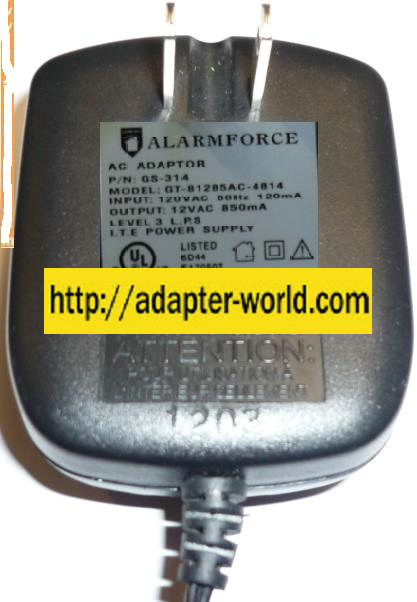 AlarmForce GT-81285-4814 AC Adapter 12VAC 850mA ~(~) 2x5.5mm Use