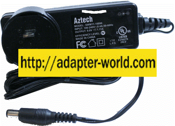 Aztech SWM11-10090 AC Adapter 9Vdc 1.11A NEW center ve power s
