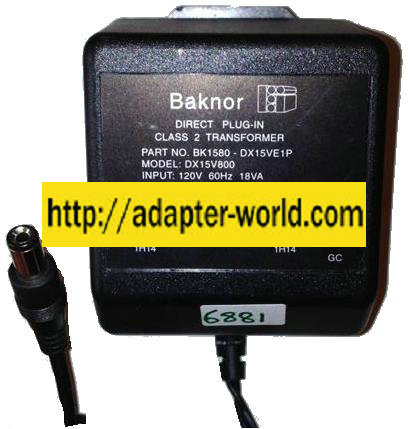 BAKNOR DX15V800 AC ADAPTER 15V DC 800mA New 2 x 5.5 x 8.4 mm 90