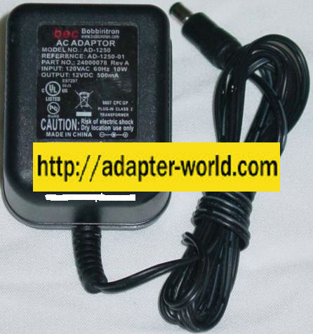 BEC AD-1250 AC ADAPTER 12VDC 500mA New -( )- 2x 5.5mm Round Bar