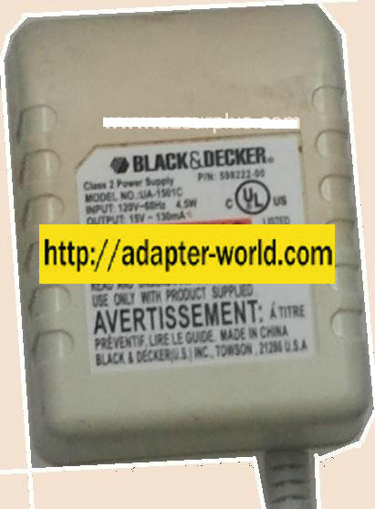 NEW BLACK DECKER UA-1501C AC ADAPTER 15V AC 130mA CLASS 2 TRANSFORM