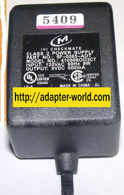 M IVI CHECKMATE 410906OO3CT AC ADAPTER 9VDC 600mA 9W Class 2 Pow