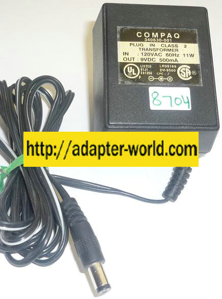 COMPAQ 340630-001 AC ADAPTER 9VDC 500mA NEW -( ) 2x5.5x9.7mm RO