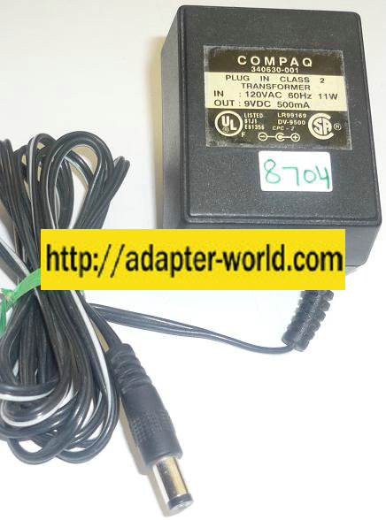 COMPAQ 340630-001 AC ADAPTER 9VDC 500mA NEW -( ) 2x5.5x9.7mm RO