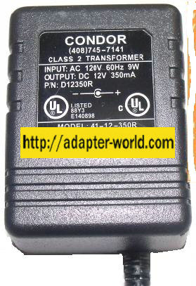 CONDOR 41-12-350R AC ADAPTER 12V 350mA CLASS 2 TRANSFORMER