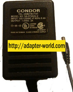 CONDOR SA-072A0U-2 AC ADAPTER 7.5VDC 2A -( ) NEW 2.5x5.5mm ROUND