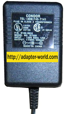 CONDOR D7500 AC ADAPTER 7.5VDC 500mA NEW -( ) 1.2x3.5mm 90 ° POW