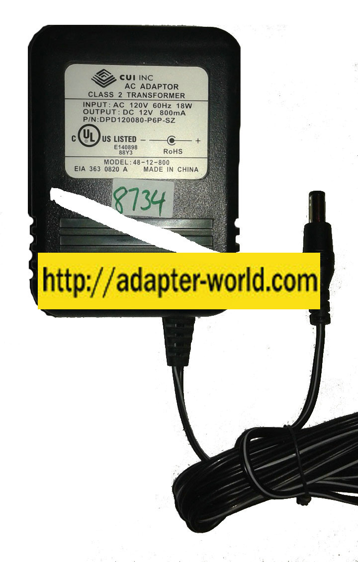CUI INC 48-12-800 AC ADAPTER 12VDC 800mA New 2.4 x 5.4 x 12mm S