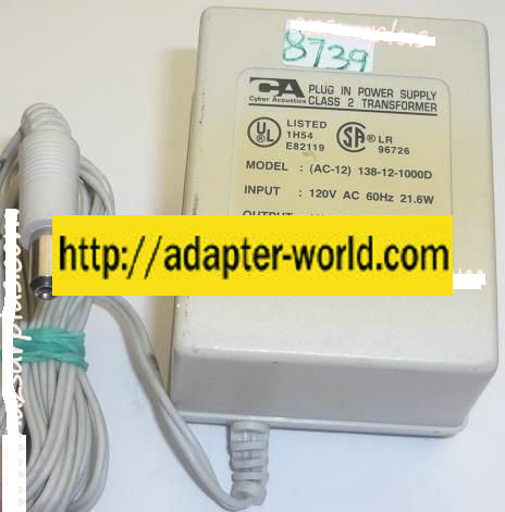 CYBER ACOUSTICS (AC-12) 138-12-1000D AC ADAPTER 12VDC 1000mA USE