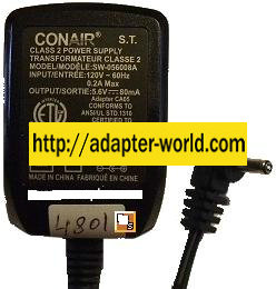 CONAIR SW-056008A AC ADAPTER 5.6VDC 80mA GMT400C POWER SUPPLY W
