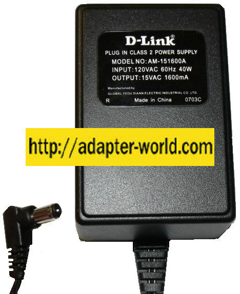 D-LINK AM-151600A AC ADAPTER 15Vdc 1.6a -( ) 2x5.5mm 90 ° 120vac