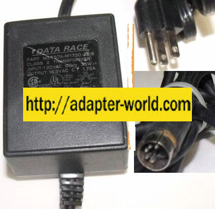 DATA RACE T57A-M1750-G6/2 AC ADAPTER 16.5VAC 1.75A POWER SUPPLY