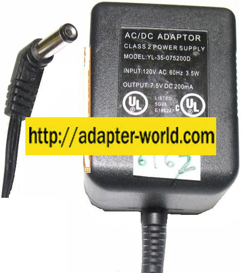 DONGGUAN YINLI YL-35-075200D AC ADAPTER 7.5V DC 200mA POWER SUPP