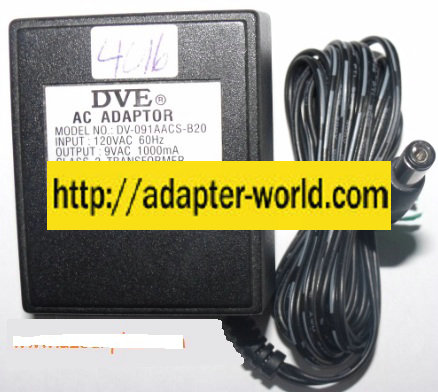 DVE DV-091AACS-B20 AC ADAPTER 9VAC 1000mA NEW ~(~) 2x5.5mm E813