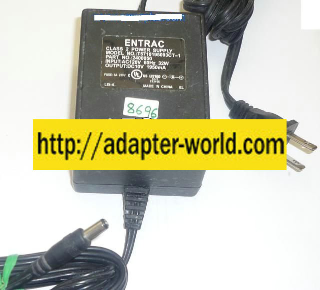 Entrac T5710195003CT-1 AC ADAPTER 10VDC 1950mA NEW -( ) 2x5.5mm