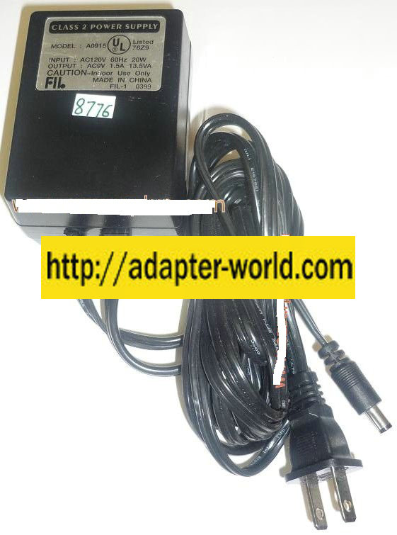 FIL A0915 AC ADAPTER 9VAC 1.5A 13.5VA NEW ~(~) 2x5.5x9.3mm ROUN