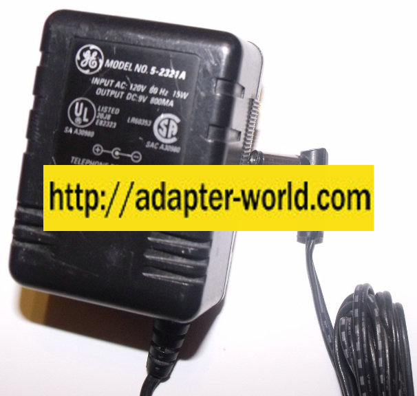 GE 5-2321A AC ADAPTER DC 9V 800mA 90 Degree Right Angle 1.5 x 5