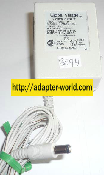 GLOBAL VILLAGE COMMUNICATION CX09V500 AC ADAPTER 9VDC 500mA NEW