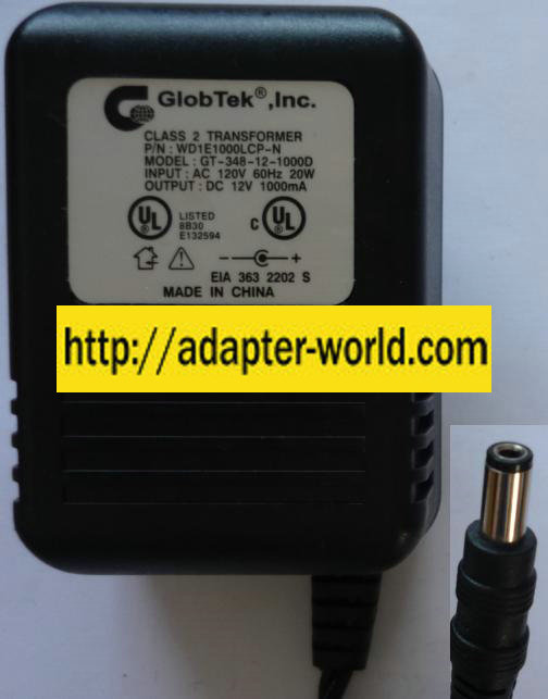 GLOBETEK GT-348-12-1000D AC ADAPTER 12Vdc 1A -( ) 2x5.5mm 1000mA