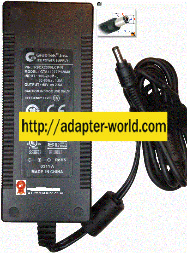 GLOBTEK GTA41077P12048 AC ADAPTER 48VDC 2.5A NEW -( ) 2.5x5.5mm