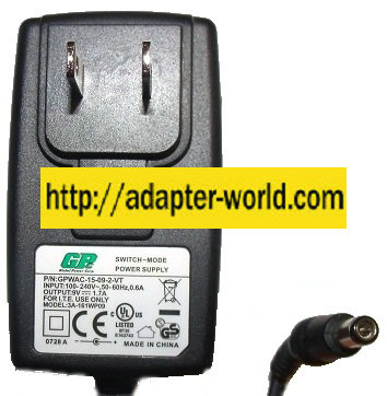 GPC 3A-161WP09 AC ADAPTER 9VDC 1.7A -( ) 2x5.5mm New ROUND BARR