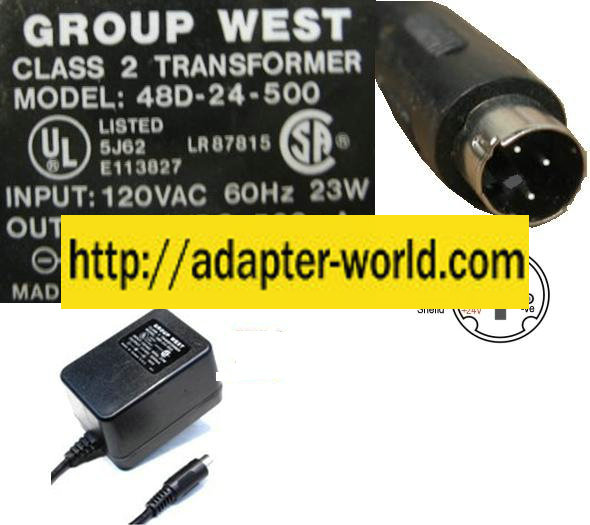 Group West 48D-24-500 AC Adapter 24VDC 500mA 3Pin 120vac 9mm Din