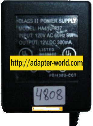 HA41U-837 AC ADAPTER 12VDC 300mA -( ) 2x5.5mm 120vac 9W CLASS 2
