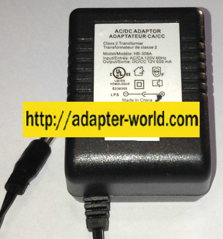 HB-308A AC ADAPTER 12VDC 600mA NEW 2x5.5x13mm Round Barrel -( )