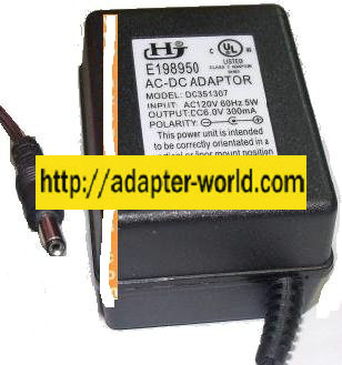 HJ DC351307 AC DC ADAPTER 6V 300mA DIRECT PLUG IN POWER SUPPLY