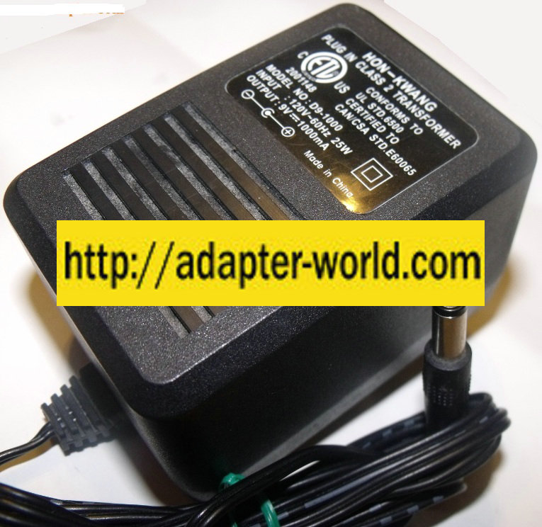 HON-KWANG D9-1000 AC ADAPTER PLUG IN CLASS 2 TRANSFORMER 9VDC 10