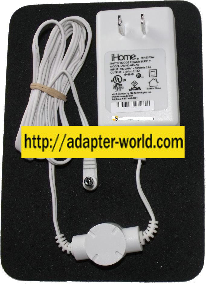 IHOME AS160-075-AB AC ADAPTER 7.5V DC 2.14A POWER SUPPLY