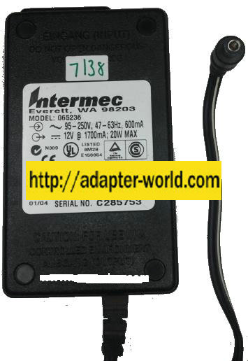 INTERMEC 065236 AC ADAPTER 12VDC 1700mA New -( )- 2.5x5.5mm 95-