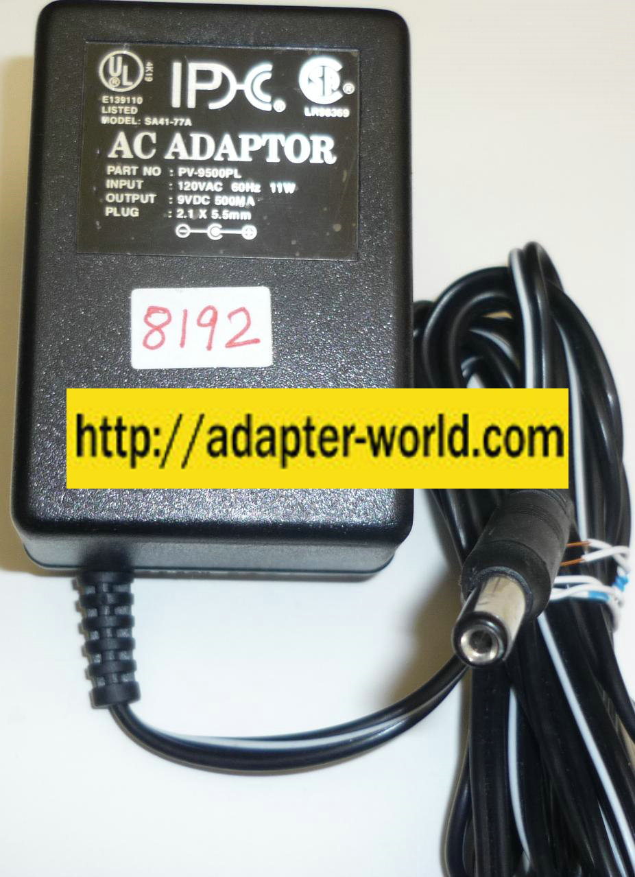 IPDC SA41-77A AC ADAPTER 9VDC 500MA -( ) 2.1x5.5mm ROUND BARREL