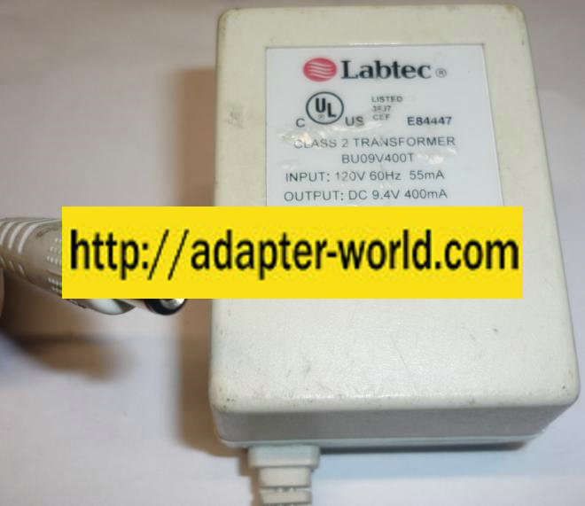 LABTEC BU09V400T-1 AC ADAPTER 9.4VDC 400mA NEW -( ) 2.1x5.5mm S