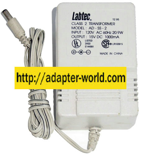 LABTEC AD-SS-2 AC ADAPTER 15VDC 1000mA NEW (-) 2x5.5mm SPEAKER