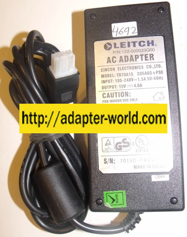 LEITCH TR70A15 AC ADAPTER 15VDC 4.6A 6Pin 122-000033Q00 Power Su