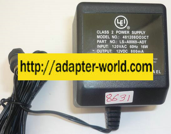 LEI 481208OO3CT AC Adapter 12VDC 800mA -( )- 2.5x5.5mm MOTOROLA