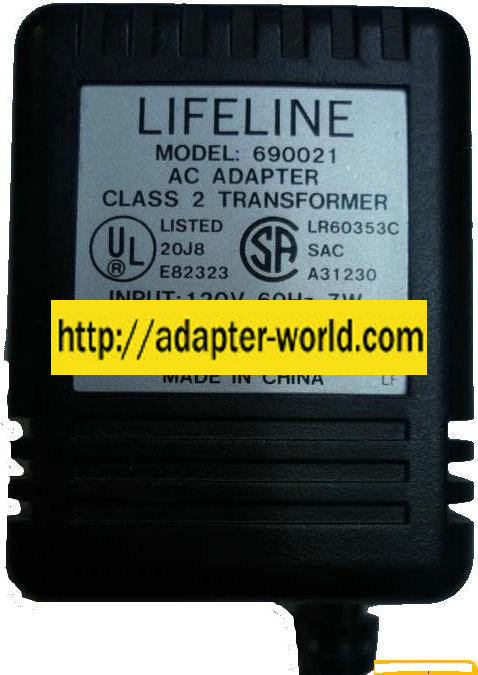 LIFELINE 690021 AC ADAPTER 12VDC 300mA 7W CLASS 2 TRANSFORMER
