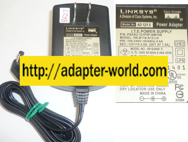 LINKSYS HK-B118-A12-LH AC ADAPTER 12VDC 0-2.0A 1.5A NEW -( ) 2x