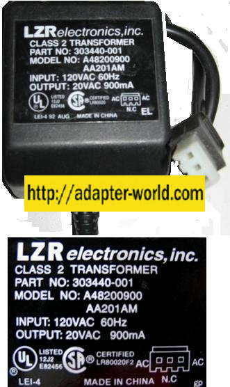LZR A48200900 AC ADAPTER 20VAC 900mA 3Pin 120Vac New POWER SUPP