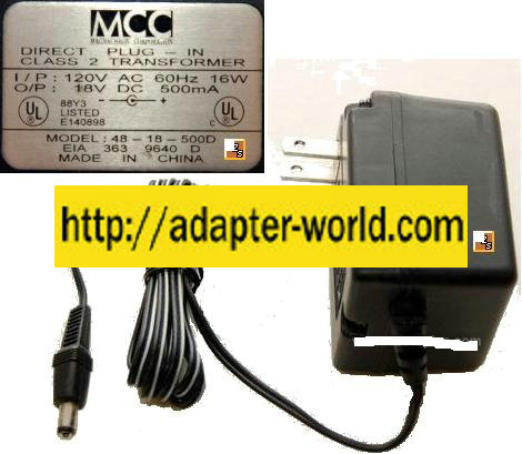 MCC 48-18-500D AC Adapter 18VDC 500mA 0.5A 2x5.5x10 mm -( )- cen