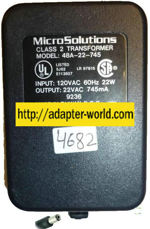 MICROSOLUTIONS 48A-22-745 AC ADAPTER 22V 745mA PLUG IN CLASS 2 T