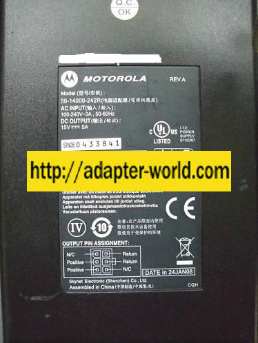 MOTOROLA 50-14000-242R AC ADAPTER 15VDC 5A New 6 Pin Male Conne
