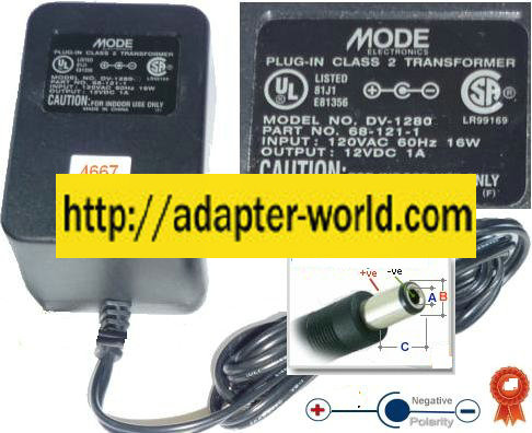 Mode DV-1280 AC ADAPTER 12V DC 1A Brrel Transformer Wallmount