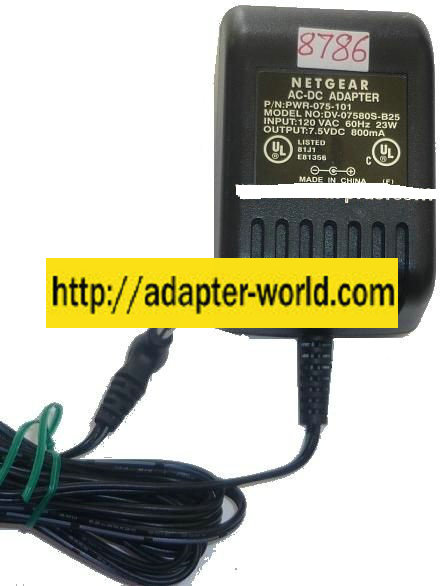 NETGEAR DV-0758S-B25 AC ADAPTER 7.5VDC 800mA NEW -( ) 1.5x3.4x7