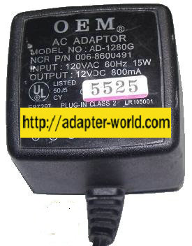 OEM AD-1280G AC ADAPTER 12Vdc 800mA (-) 2.5x5.5mm PLUG IN CLAS