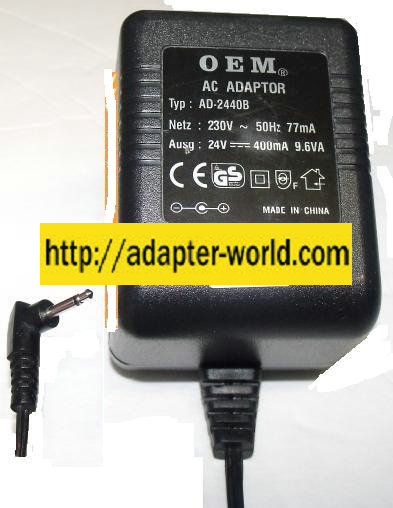 OEM AD-2440B AC ADAPTER 24VDC 400mA -( )- 9.6VA New 2.5mm audio